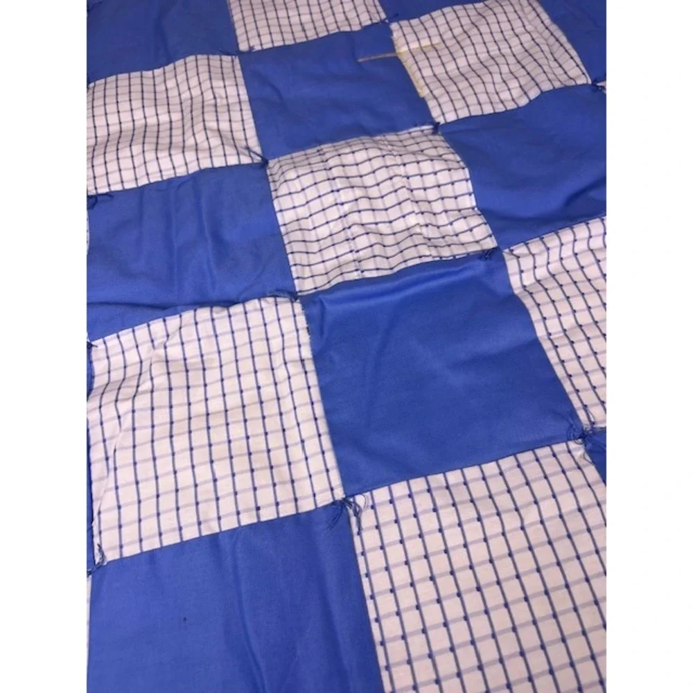 Handmade Blue‎ White Checkerboard Patchwork Quilt Hand Tied Rustic Lap Blanket
